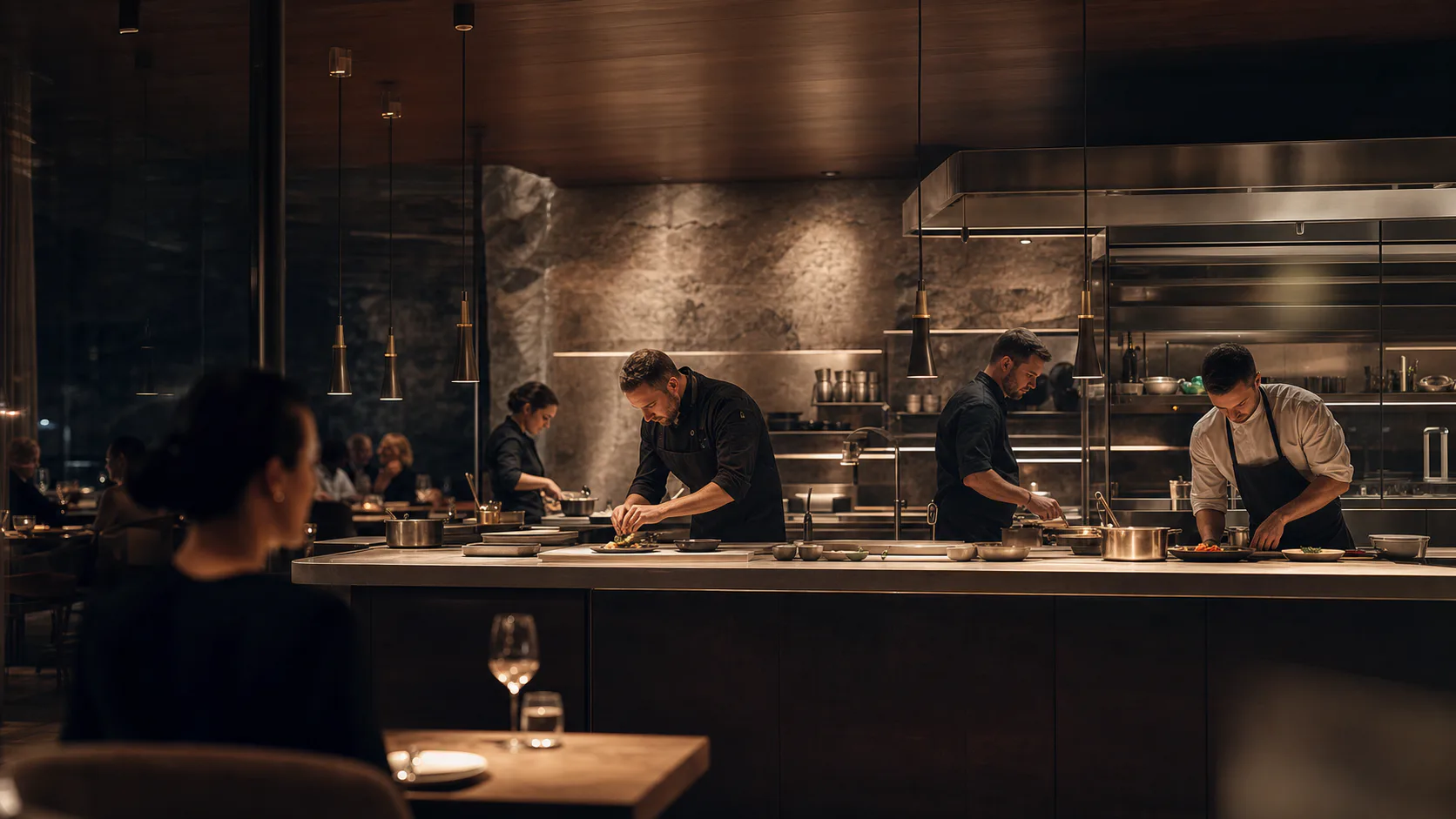 Offene Küche des Restaurant Aura während des Abendservice