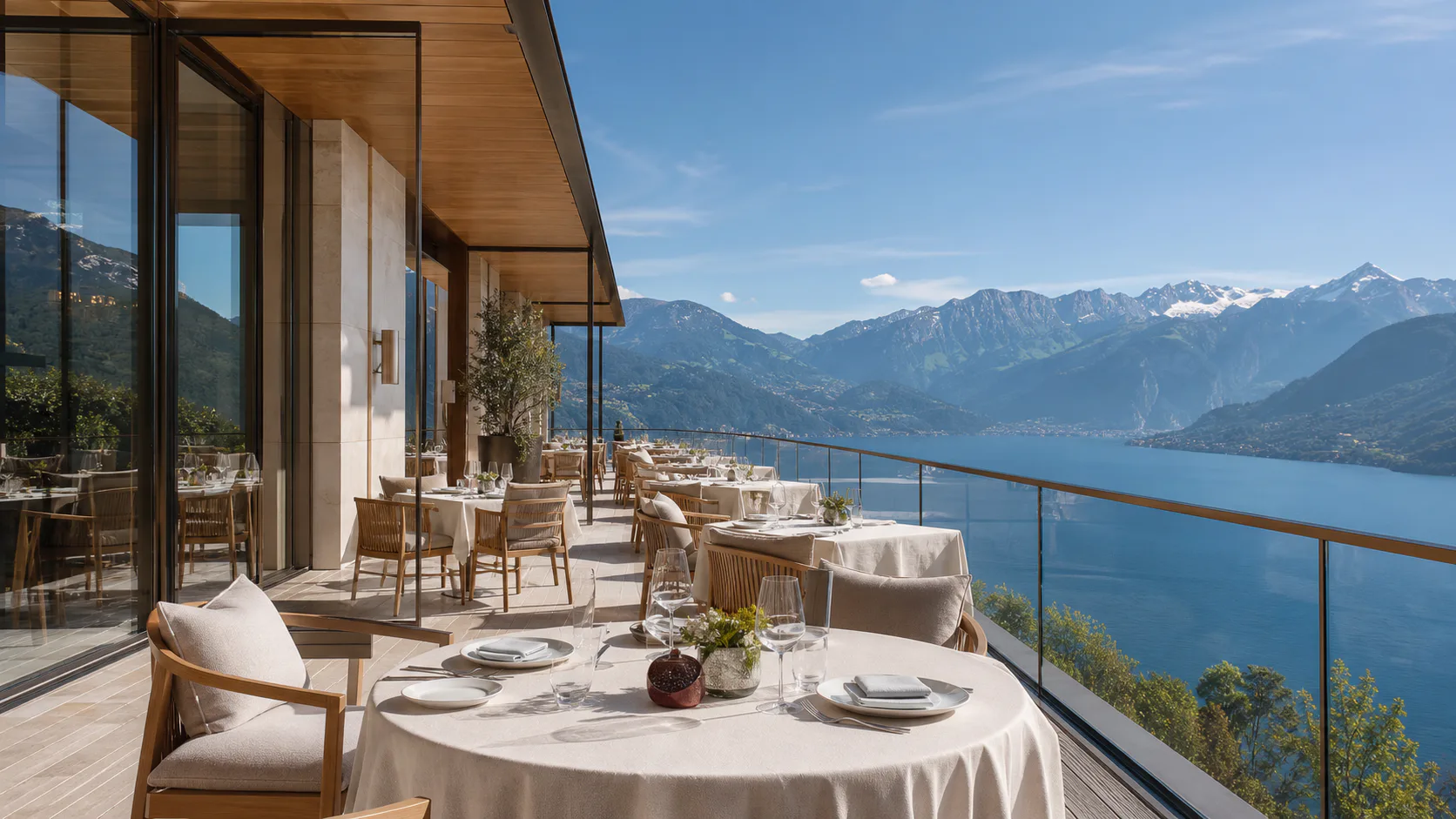Sonnenterrasse des Restaurant Bellevue über dem See
