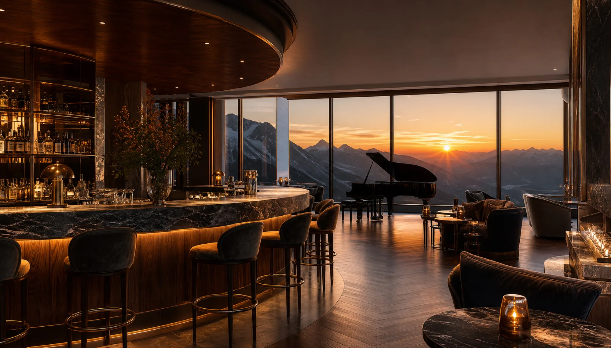 The Peak Bar und Lounge mit Grand Piano bei Sonnenuntergang