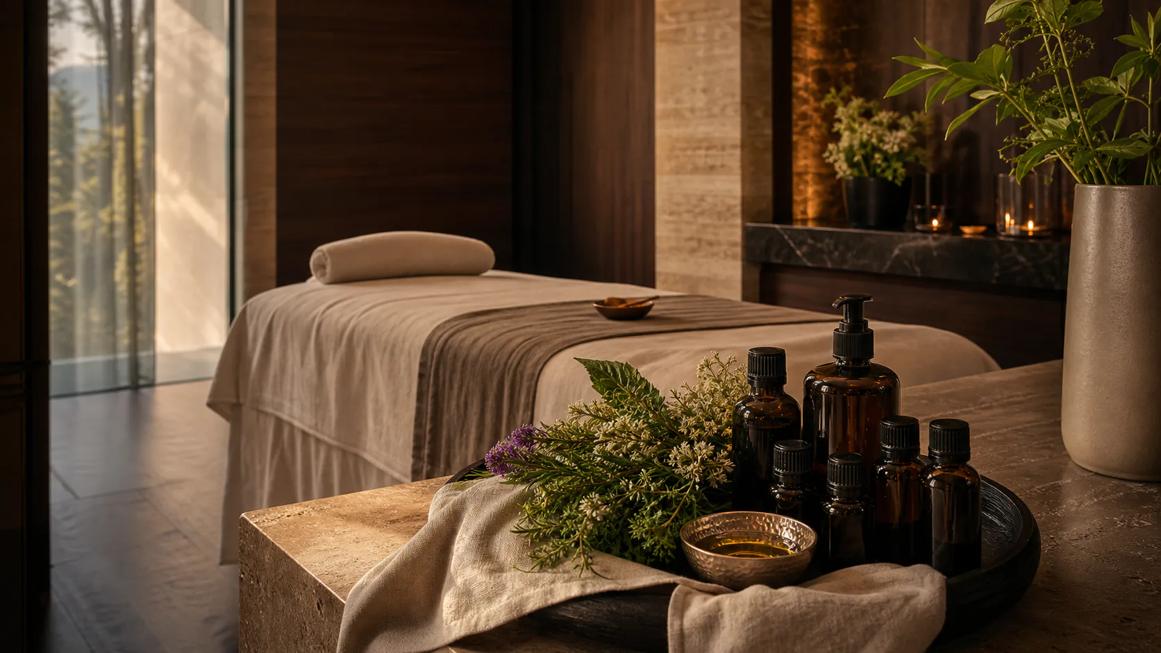 Unbeschriftete Aromaöle und alpine Kräuter in der Treatment-Suite