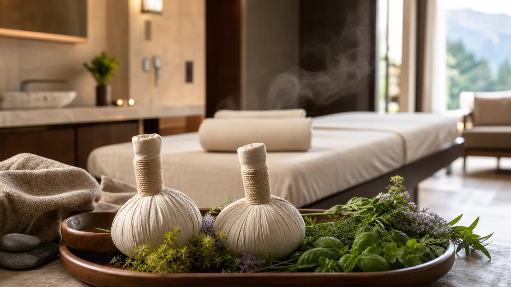 Alpine Kräuterstempel in einer vorbereiteten Treatment-Suite