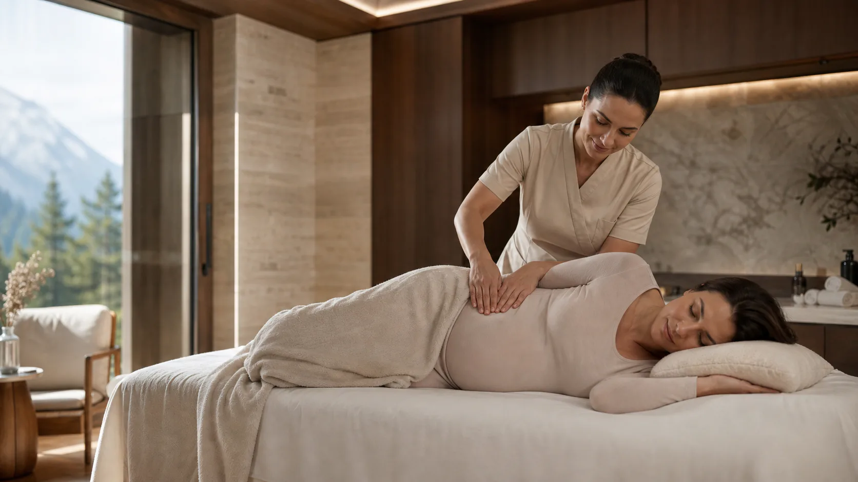 Sanfte seitlich gelagerte Wellnessmassage für eine Schwangere