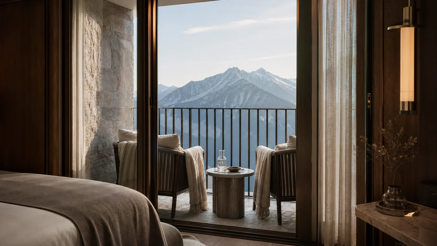 Privater Balkon des Alpine Deluxe Zimmers mit Bergpanorama