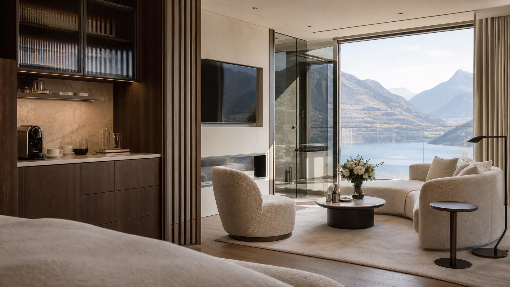 Wohnbereich der Panorama Junior Suite mit Espressobar