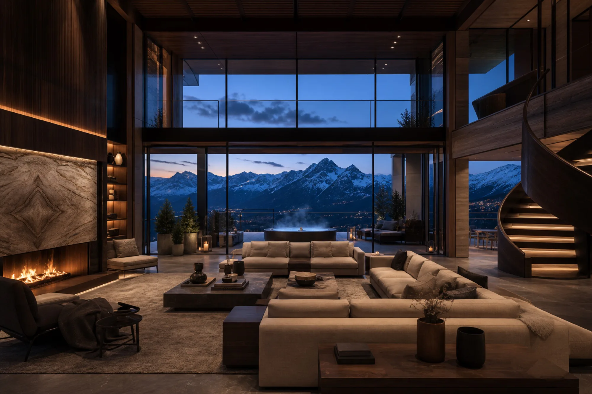 Royal Penthouse mit doppelter Raumhöhe und Abendpanorama