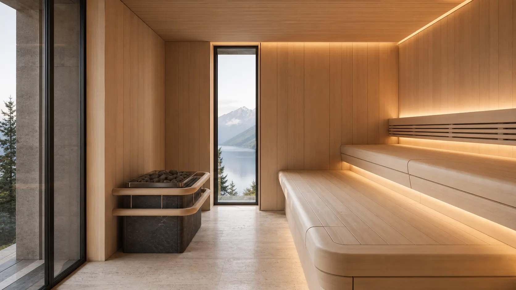 Helle Bio-Sauna mit sanft beleuchteten Holzbänken