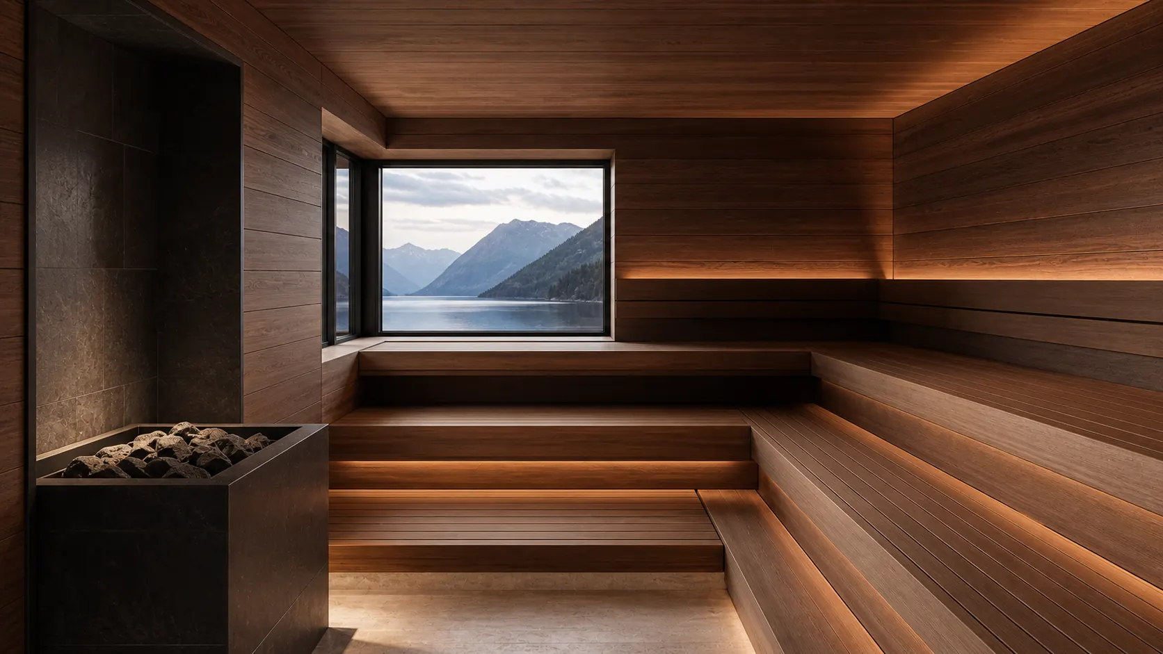 Finnische Sauna aus dunklem Thermoholz mit Alpenblick