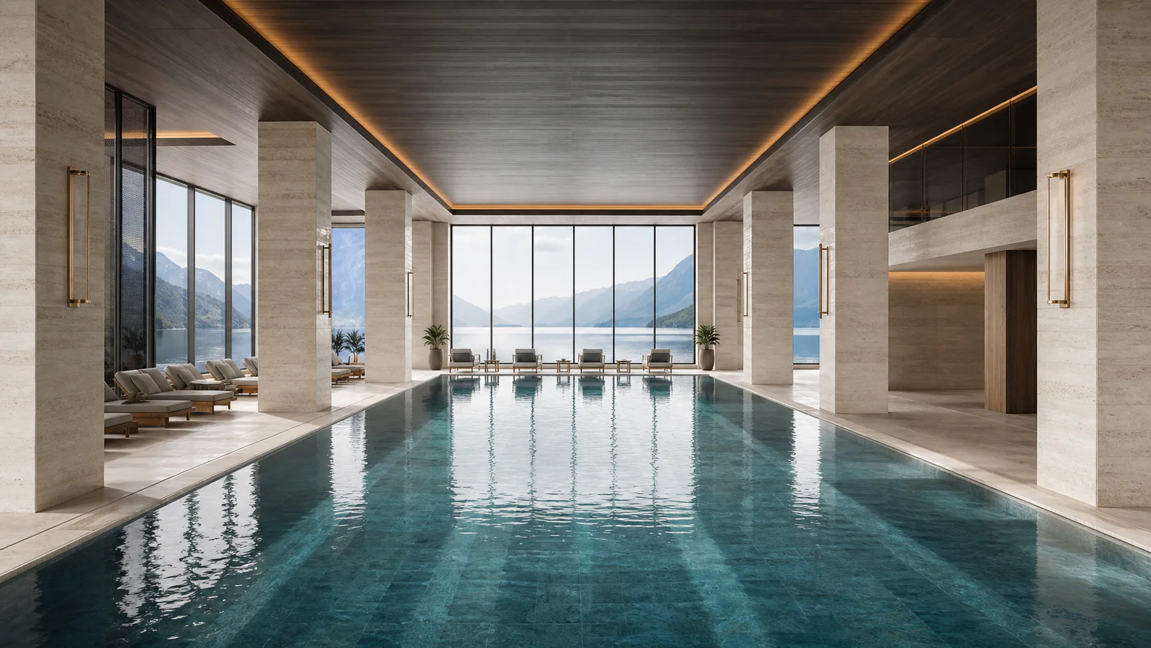 Großzügiger Innenpool mit Naturstein und Panoramafenstern