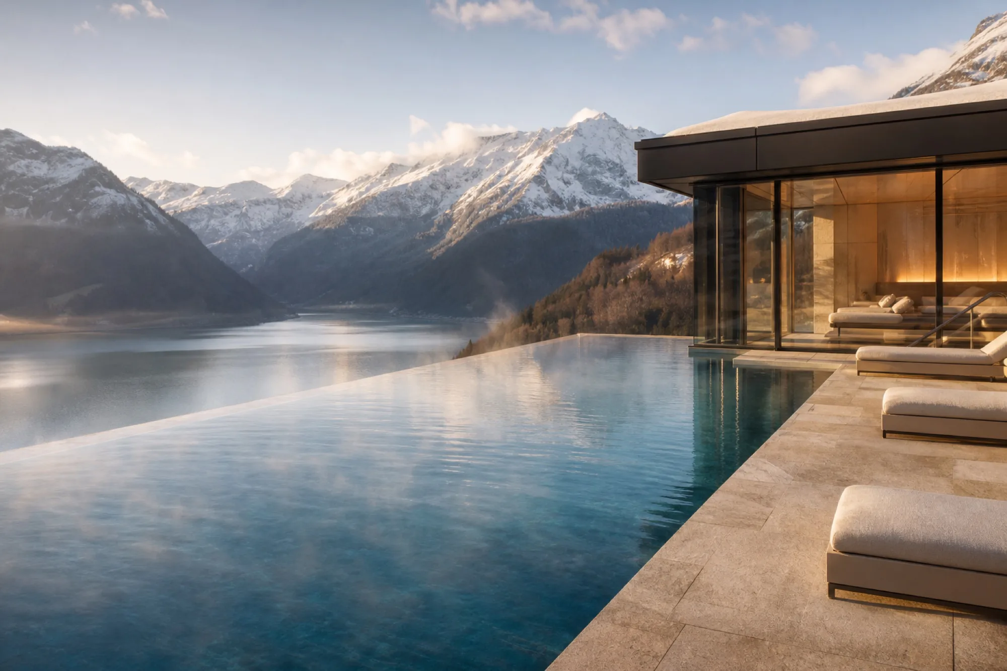 Beheizter Infinity-Außenpool über See und Alpen