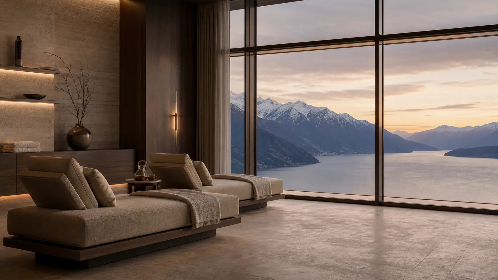Spa-Liegen vor dem stillen Alpenpanorama